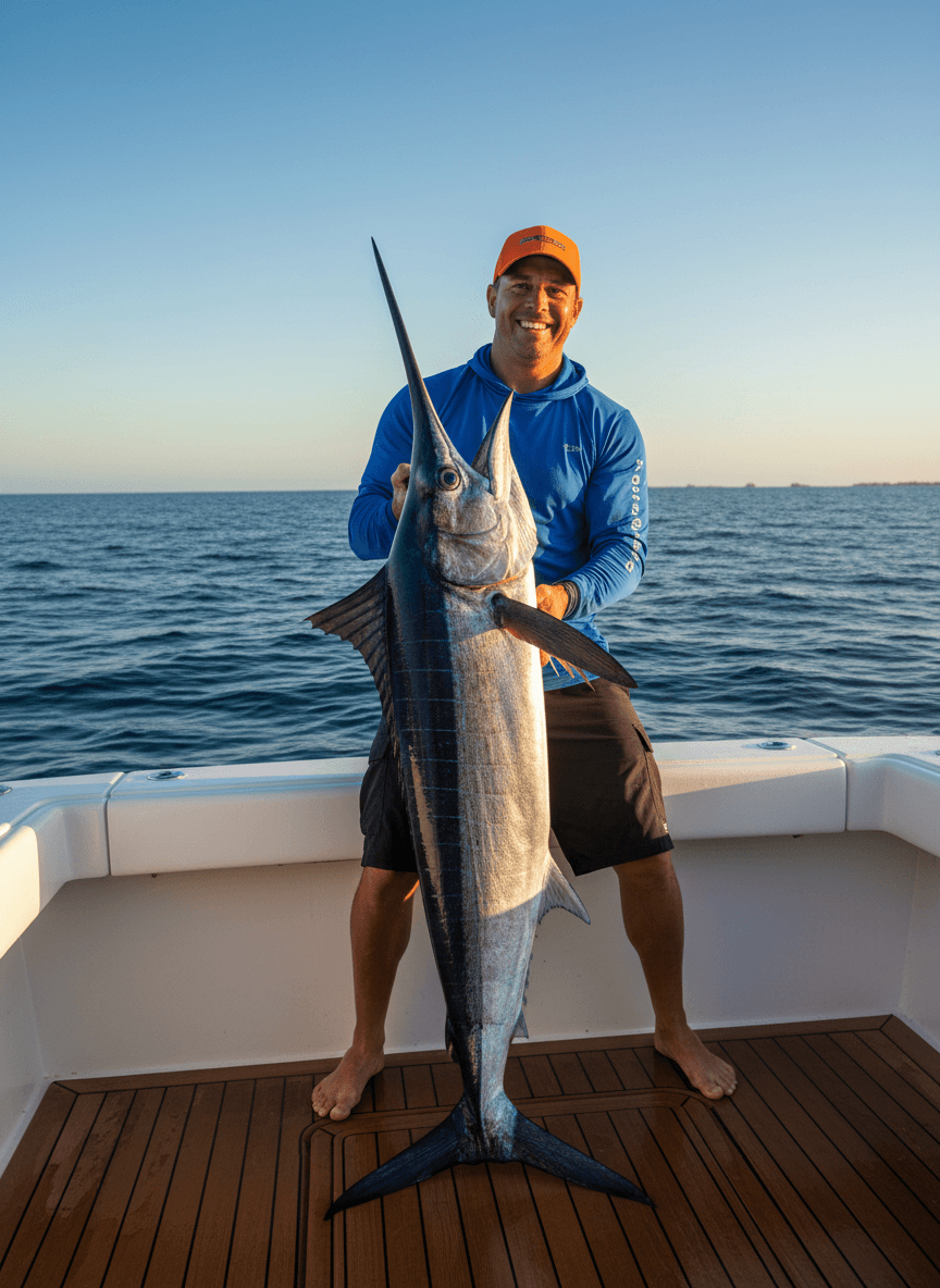 Angler holding a trophy catch on a fishing charter