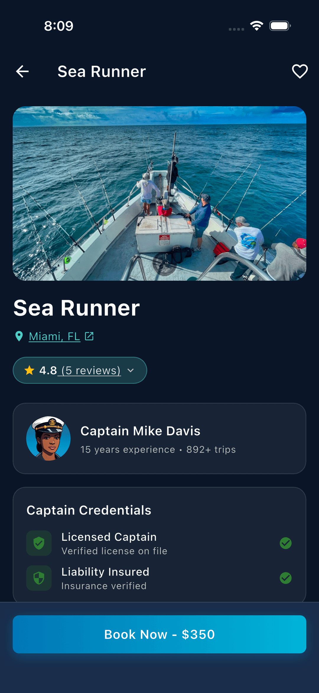 Chartrr charter detail screen with captain info