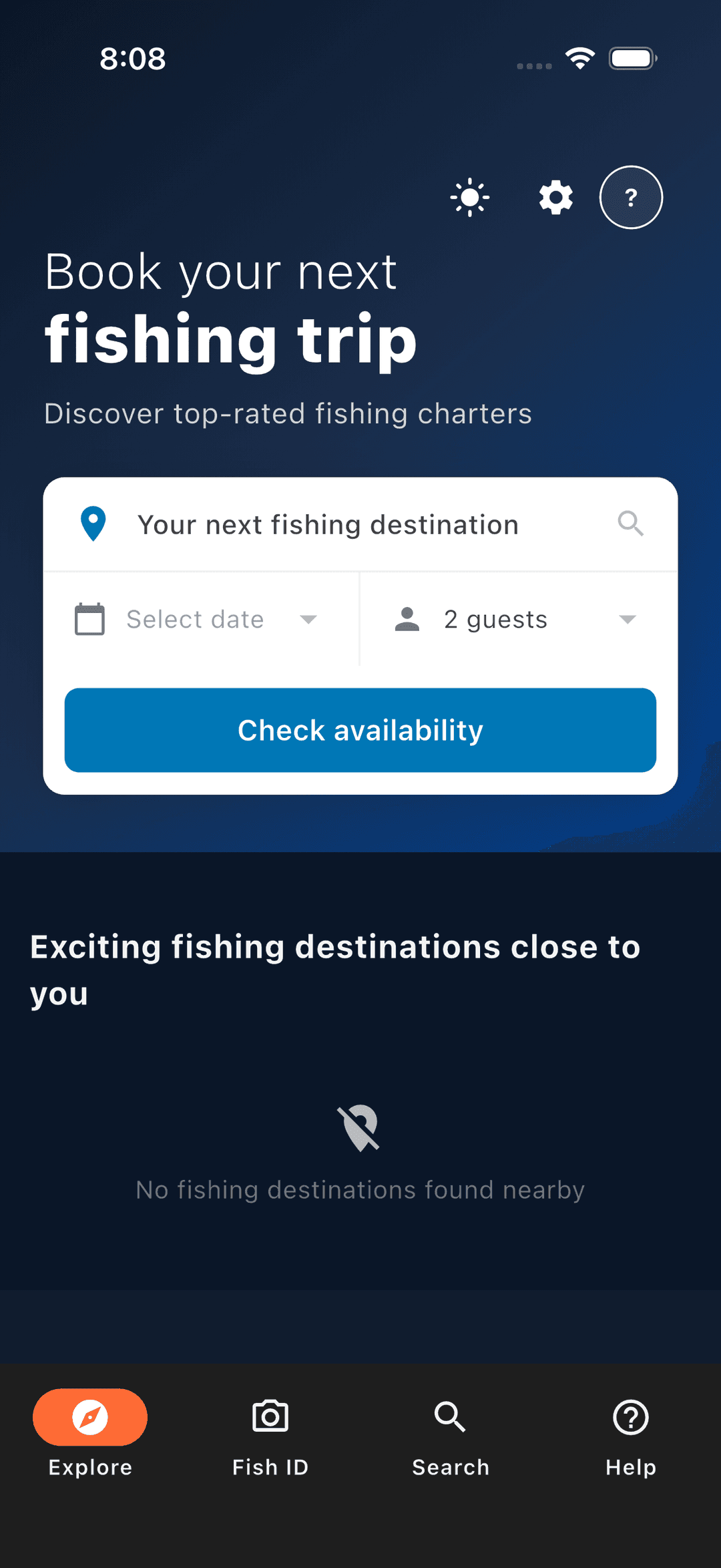 Chartrr app home screen showing fishing charter listings