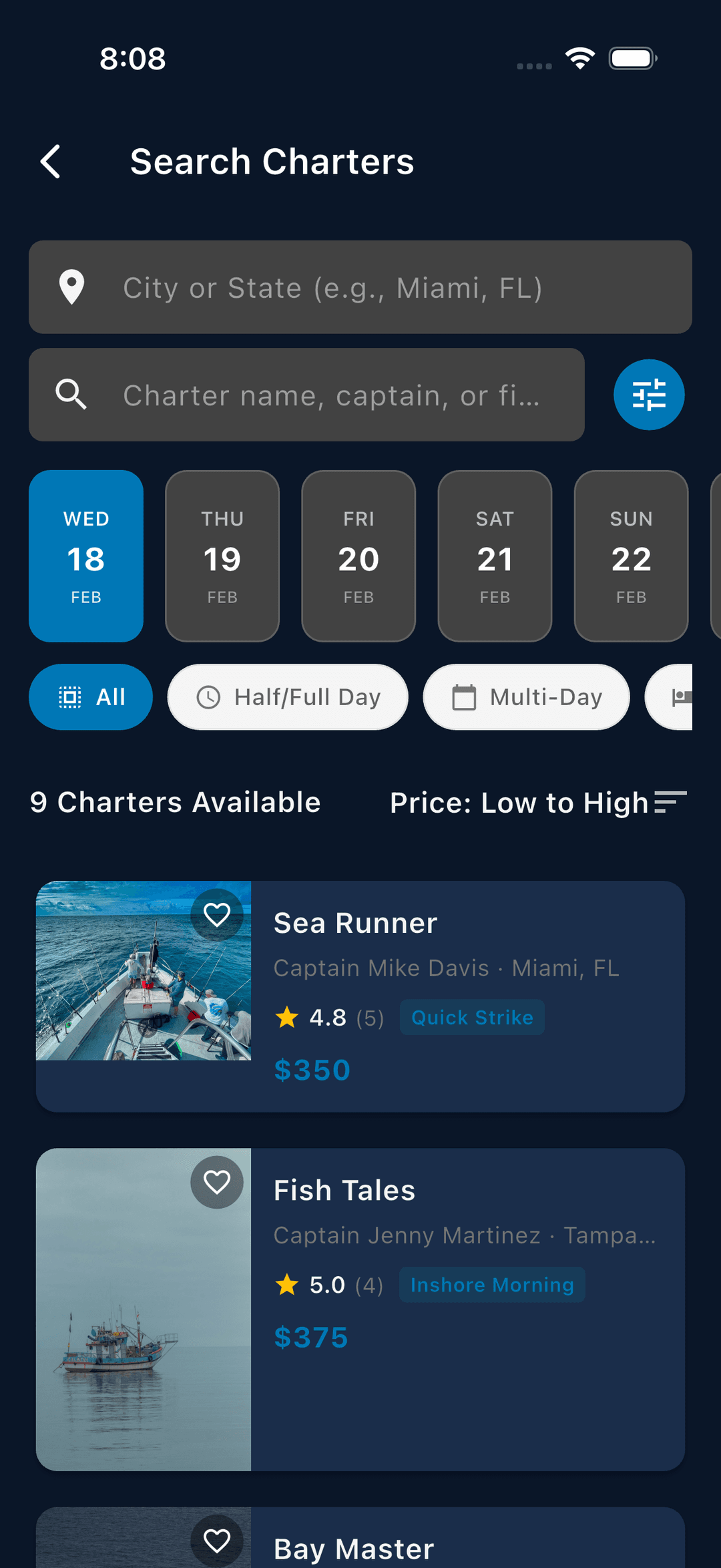 Chartrr search screen showing charter results
