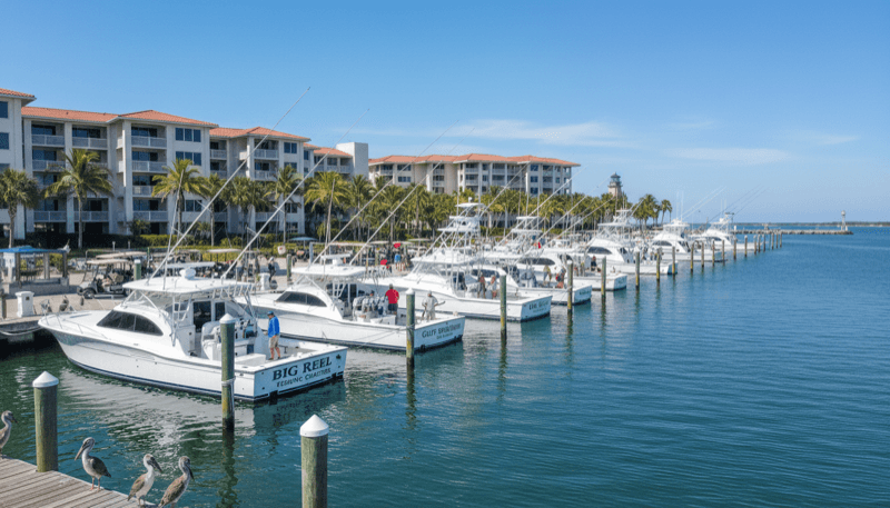 Charter fishing boat docked at a marina