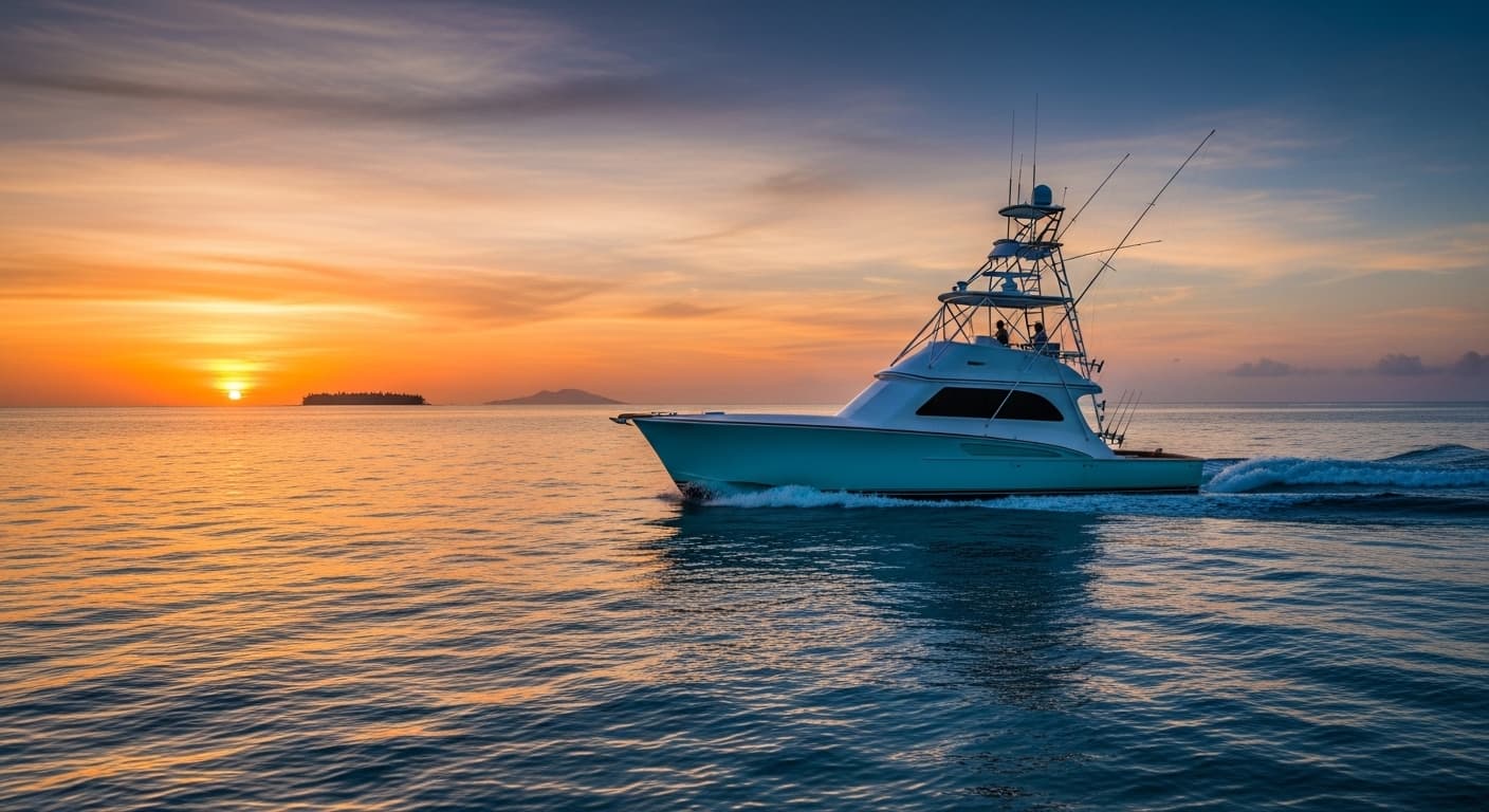 Charter fishing boat on the open water at golden hour
